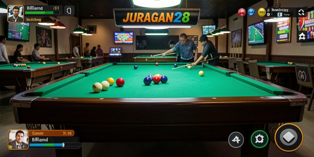 Antarmuka JURAGAN28 menampilkan meja billiard yang elegan dan modern.
