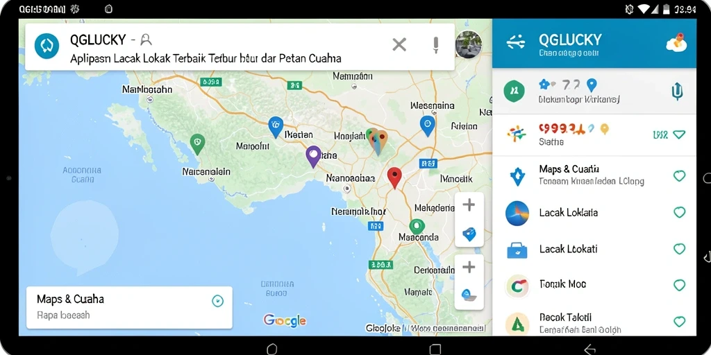 Antarmuka QGLUCKY menampilkan peta dengan lokasi dan cuaca terkini.